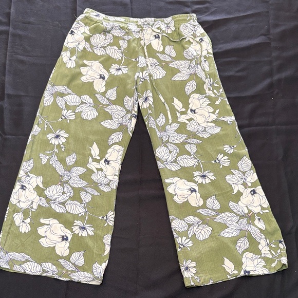ILLA ILLA Pants - ILLA ILLA Olive Green Floral Wide Leg Pants with Cream Print